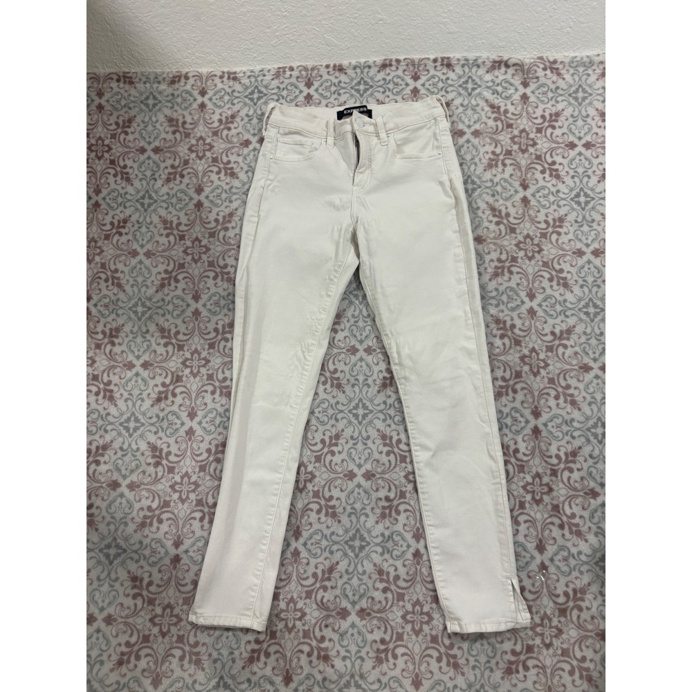 Express Womens White Mid Rise Skinny Stretch Jeans Size 2R Side Slit Ankle Hem